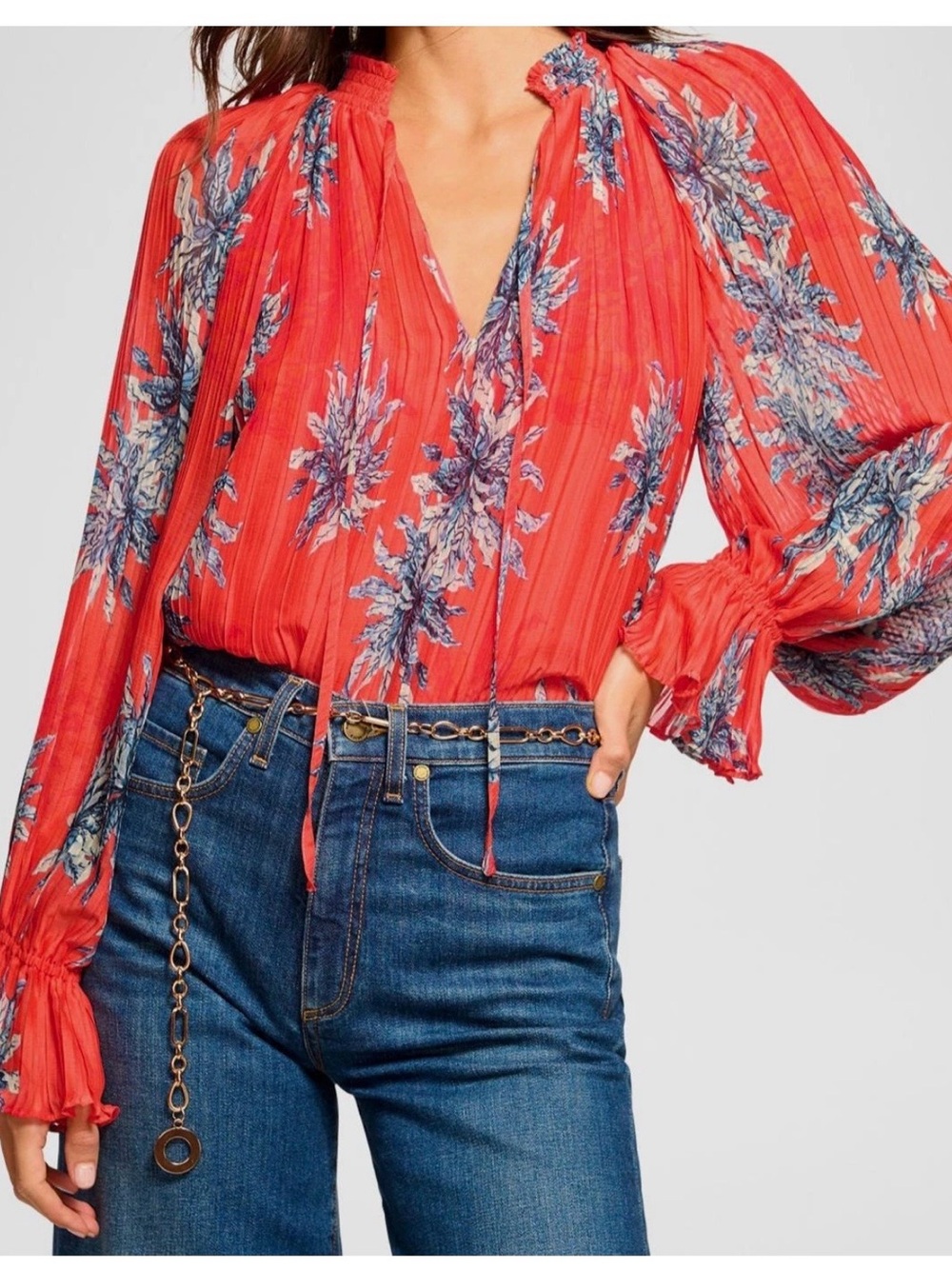 Ramy Brook Coral Red Floral Peasant Blouse